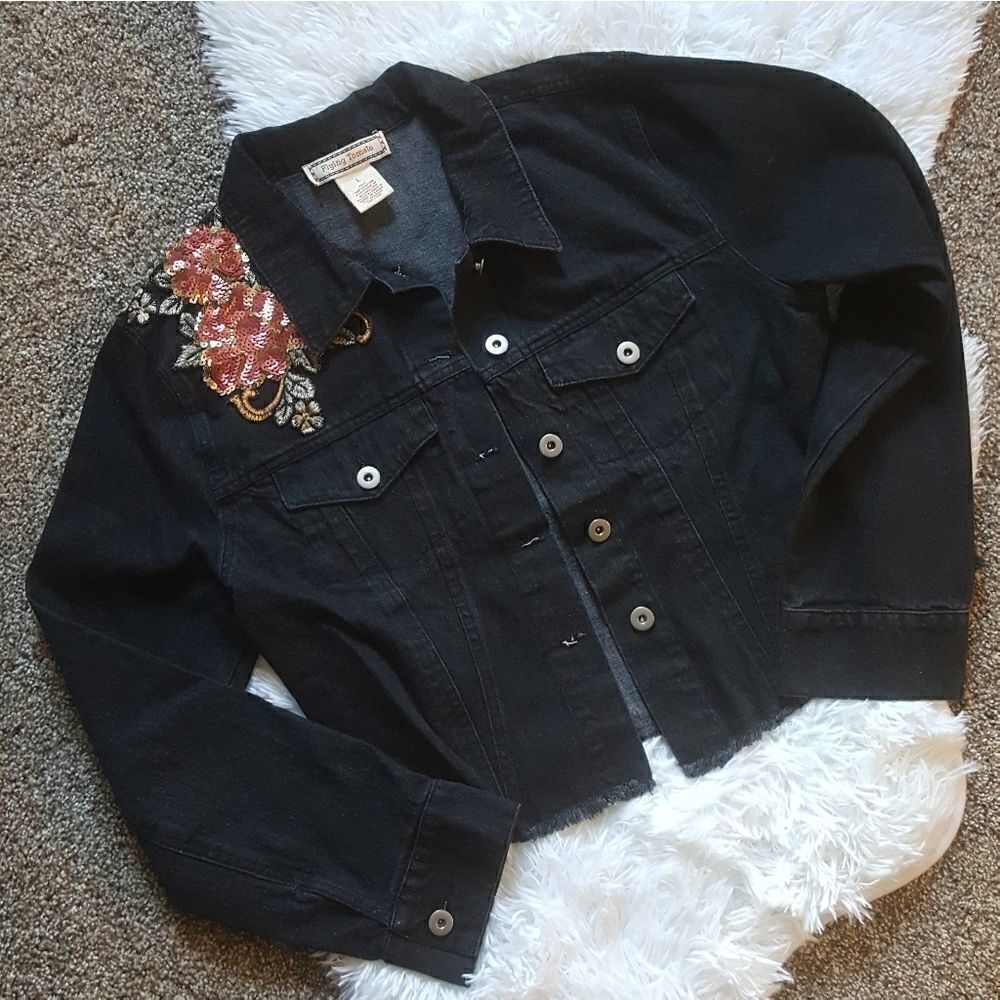 Flying Tomato Flower Power sequin crop jean jacket‎